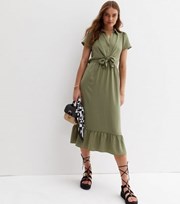 New Look Olive Tie Front Tiered Midi Shirt Dress